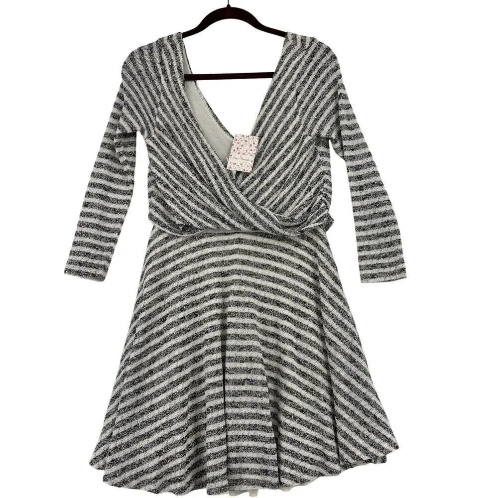 Free People Maverick Surplice Mini Dress Size‎ M Black Cream Striped Low V Neck